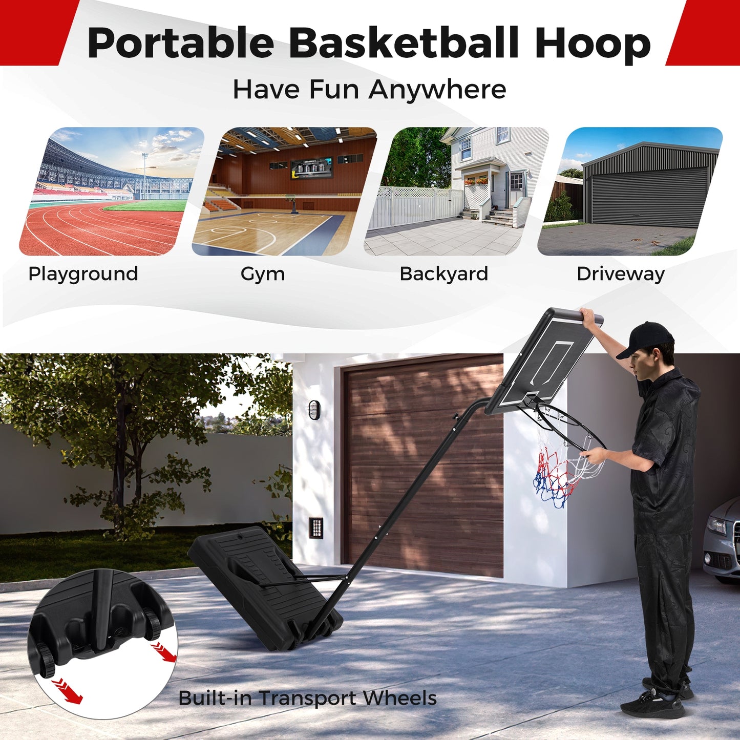 Portable Outdoor Basketball Hoop 6.9-8.5 FT Adjustable with Fillable Base Shatterproof PC Backboard, Black Sport Equipments at Gallery Canada