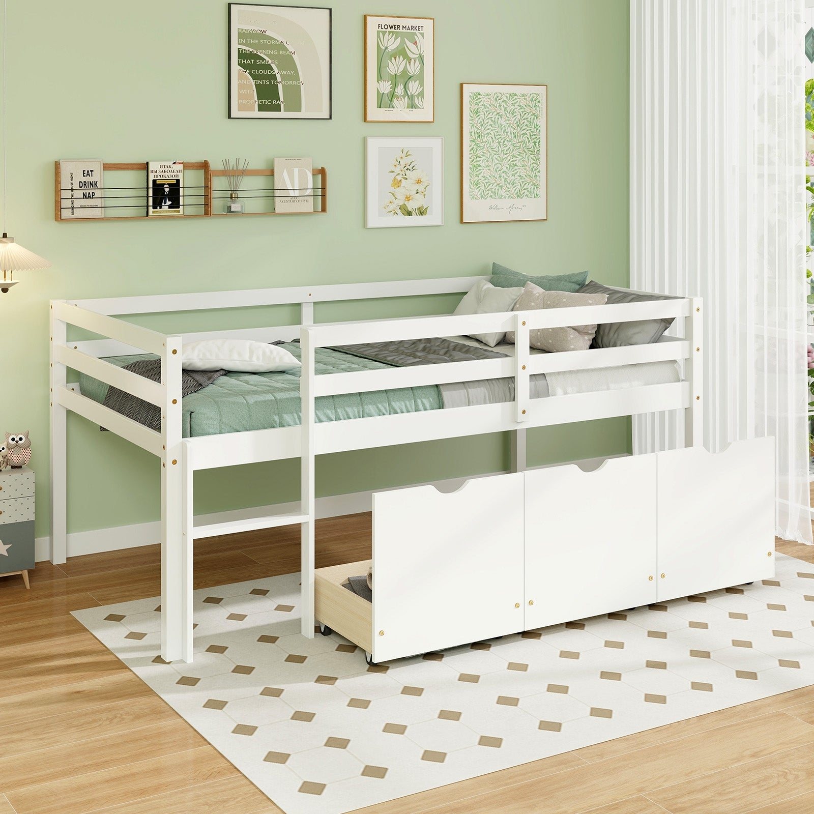 Twin Size Low Loft Bed with 3 Drawers with Ladder and Full-length Guardrails, White Trundle Bed Frame at Gallery Canada