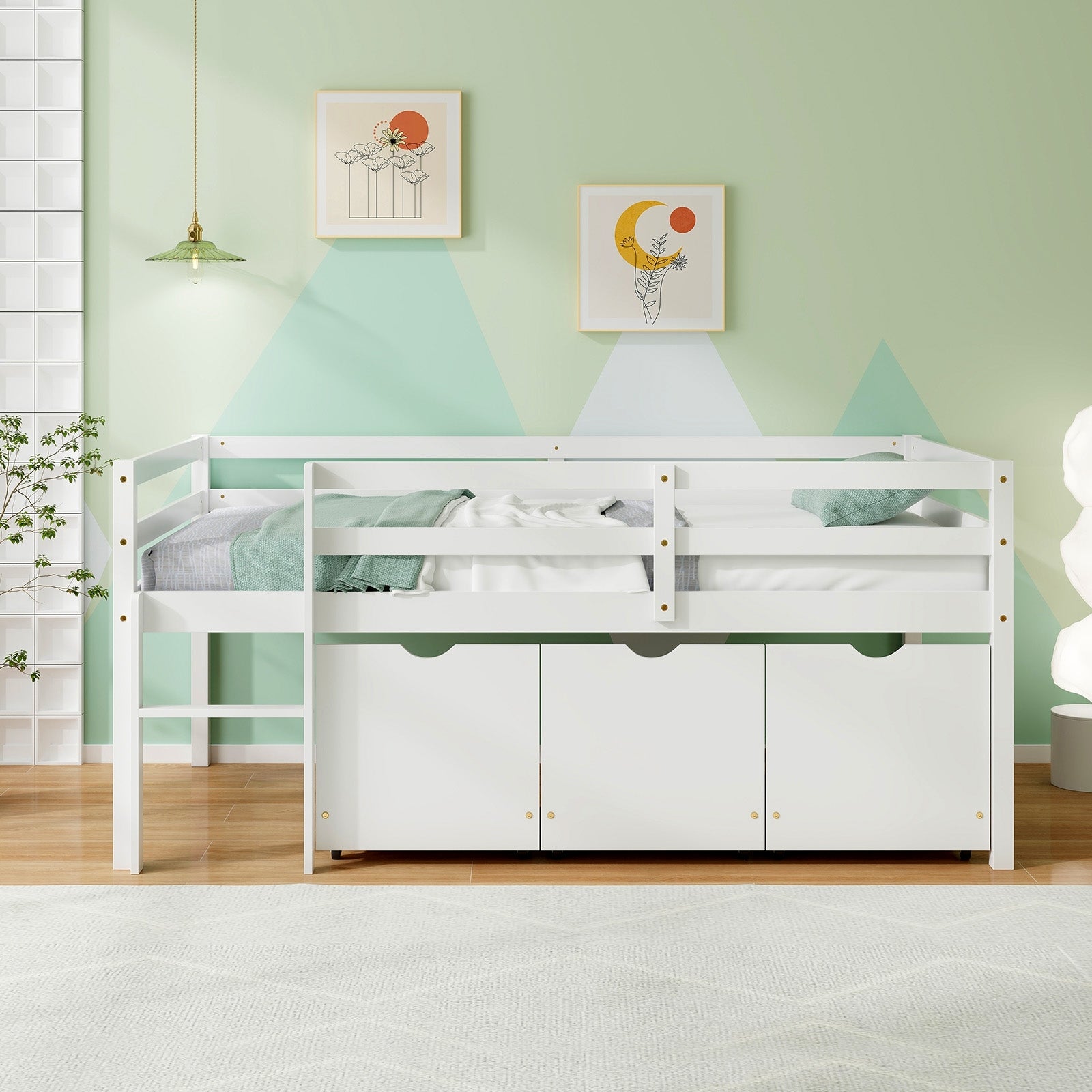 Twin Size Low Loft Bed with 3 Drawers with Ladder and Full-length Guardrails, White Trundle Bed Frame at Gallery Canada