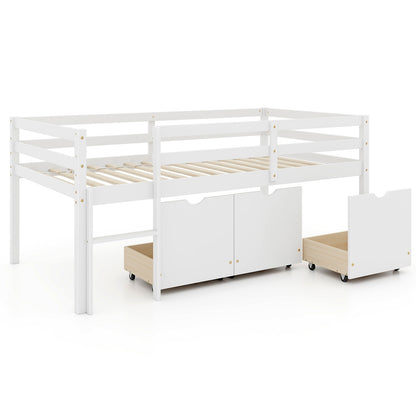 Twin Size Low Loft Bed with 3 Drawers with Ladder and Full-length Guardrails, White Trundle Bed Frame at Gallery Canada