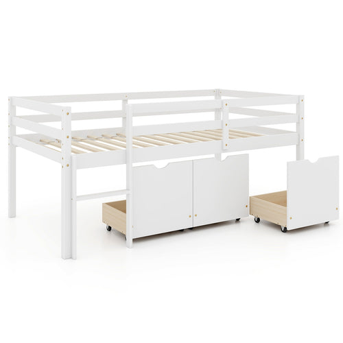 Twin Size Low Loft Bed With 3 Drawers, Ladder, Guardrails, White
