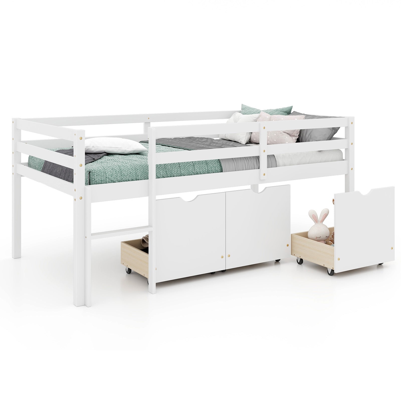Twin Size Low Loft Bed with 3 Drawers with Ladder and Full-length Guardrails, White Trundle Bed Frame at Gallery Canada