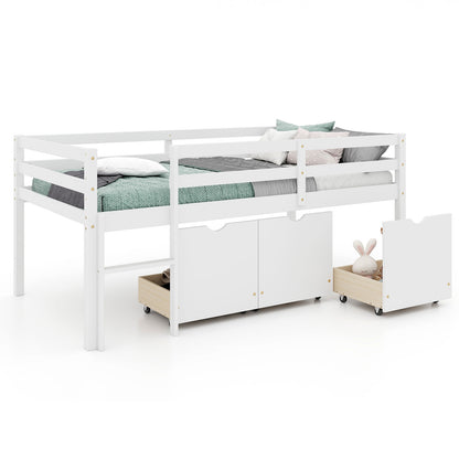 Twin Size Low Loft Bed with 3 Drawers with Ladder and Full-length Guardrails, White Trundle Bed Frame at Gallery Canada
