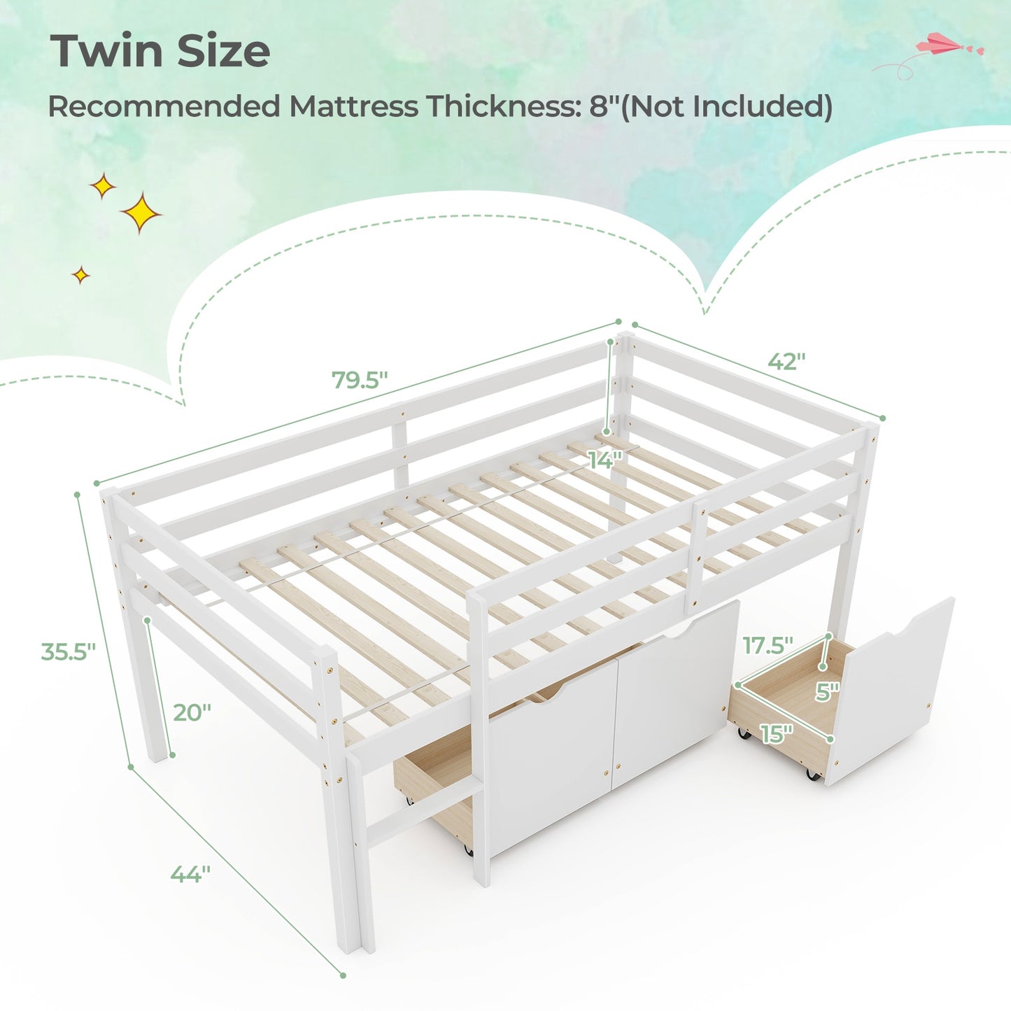 Twin Size Low Loft Bed with 3 Drawers with Ladder and Full-length Guardrails, White Trundle Bed Frame at Gallery Canada