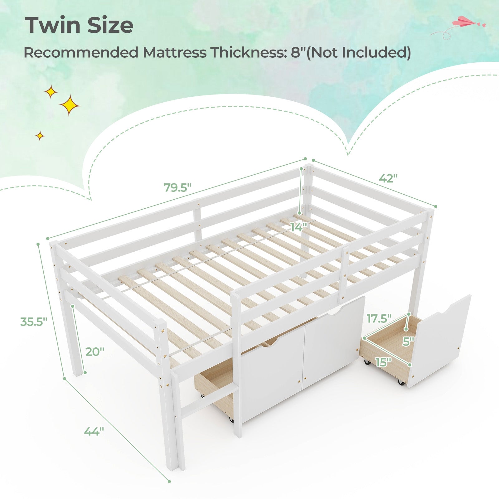 Twin Size Low Loft Bed with 3 Drawers with Ladder and Full-length Guardrails, White Trundle Bed Frame at Gallery Canada