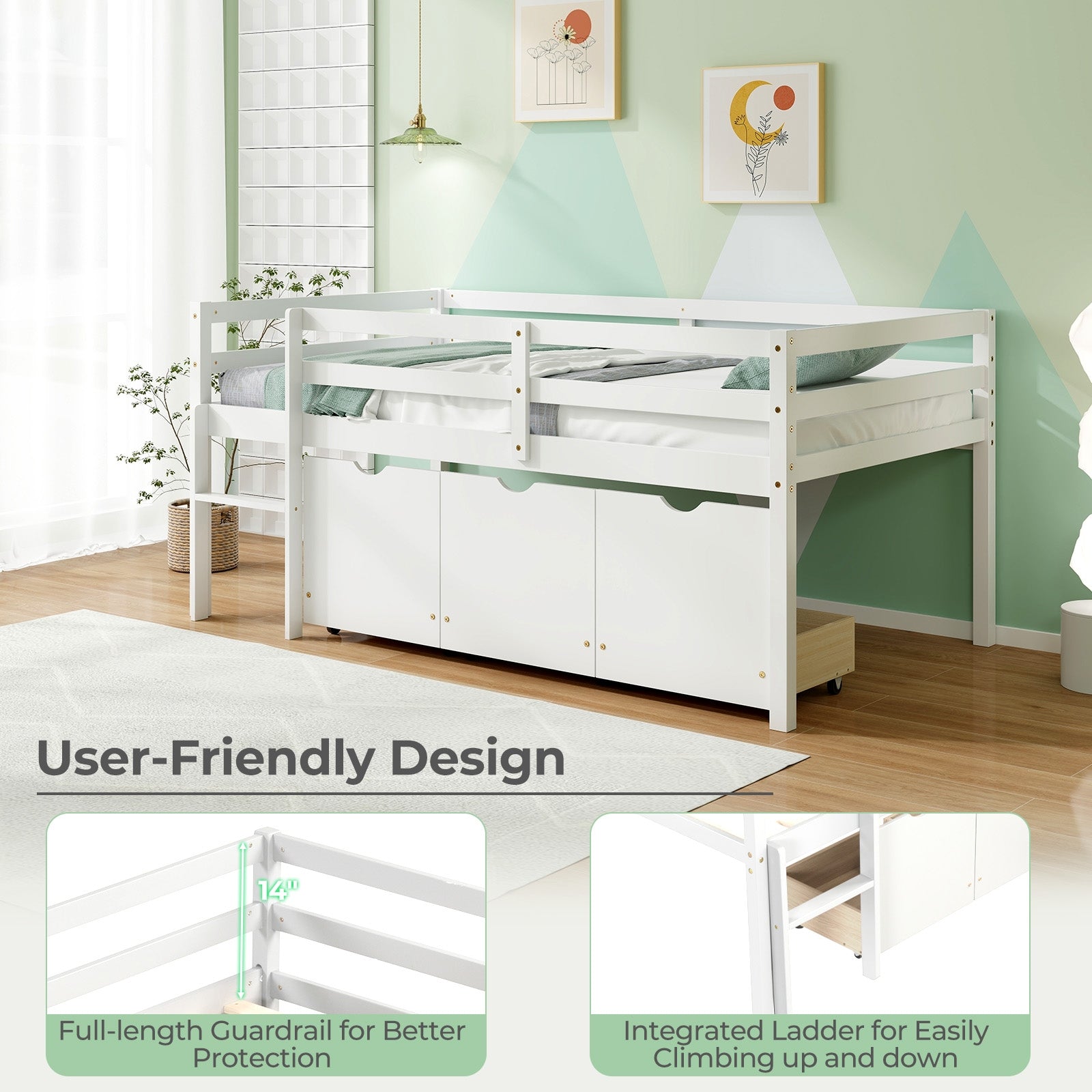 Twin Size Low Loft Bed with 3 Drawers with Ladder and Full-length Guardrails, White Trundle Bed Frame at Gallery Canada