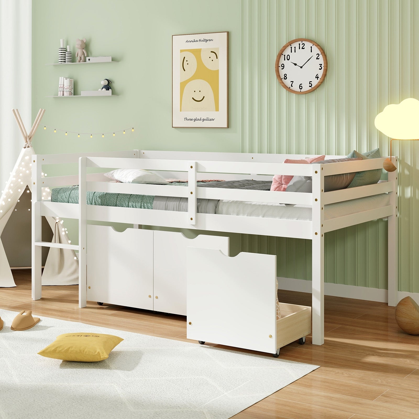 Twin Size Low Loft Bed with 3 Drawers with Ladder and Full-length Guardrails, White Trundle Bed Frame at Gallery Canada