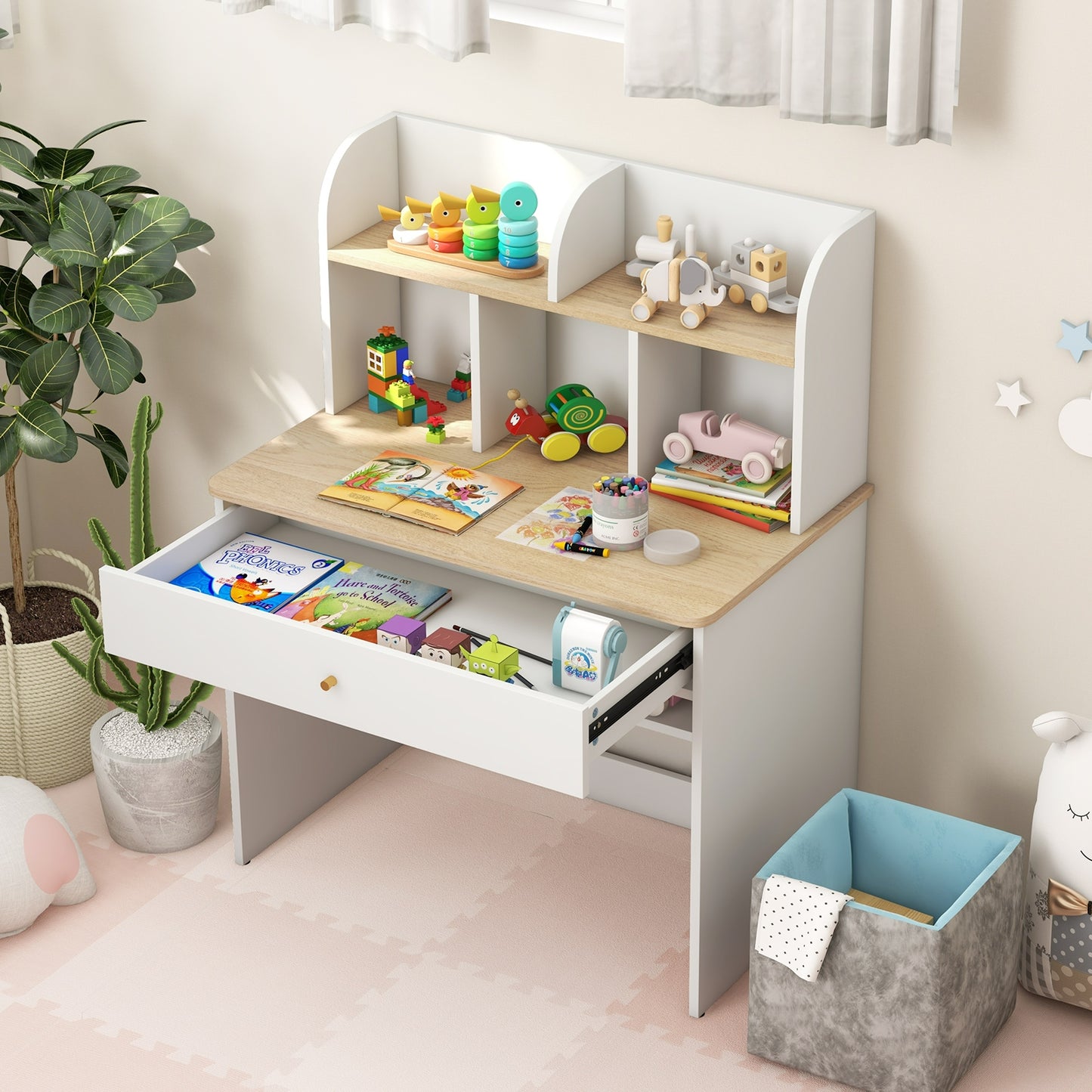Kids Wooden Study Desk Writing Table with Hutch and Drawer, White Kids Table & Chair Sets at Gallery Canada