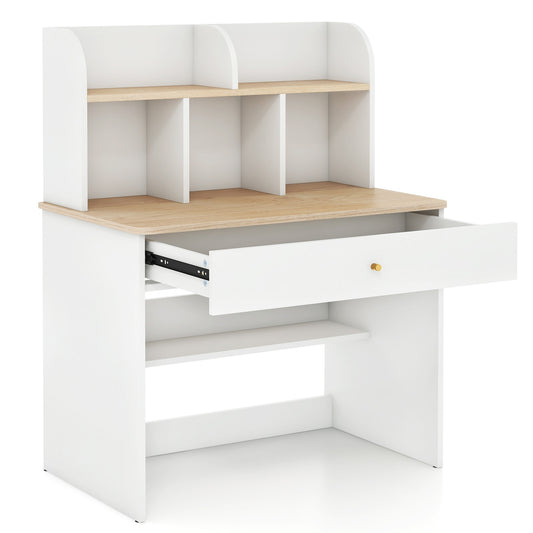 Kids Wooden Study Desk Writing Table with Hutch and Drawer, White Kids Table & Chair Sets White at Gallery Canada