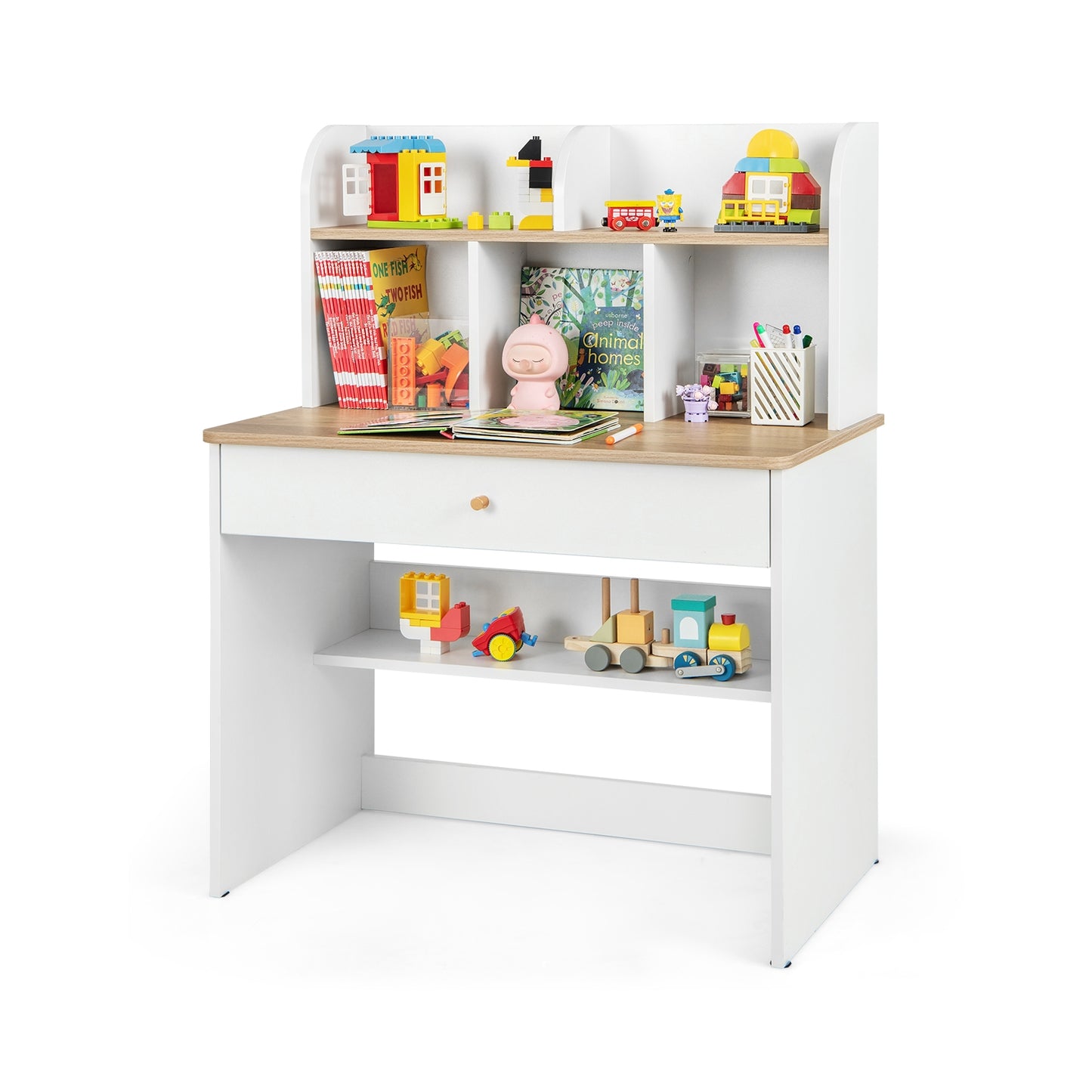 Kids Wooden Study Desk Writing Table with Hutch and Drawer, White Kids Table & Chair Sets at Gallery Canada