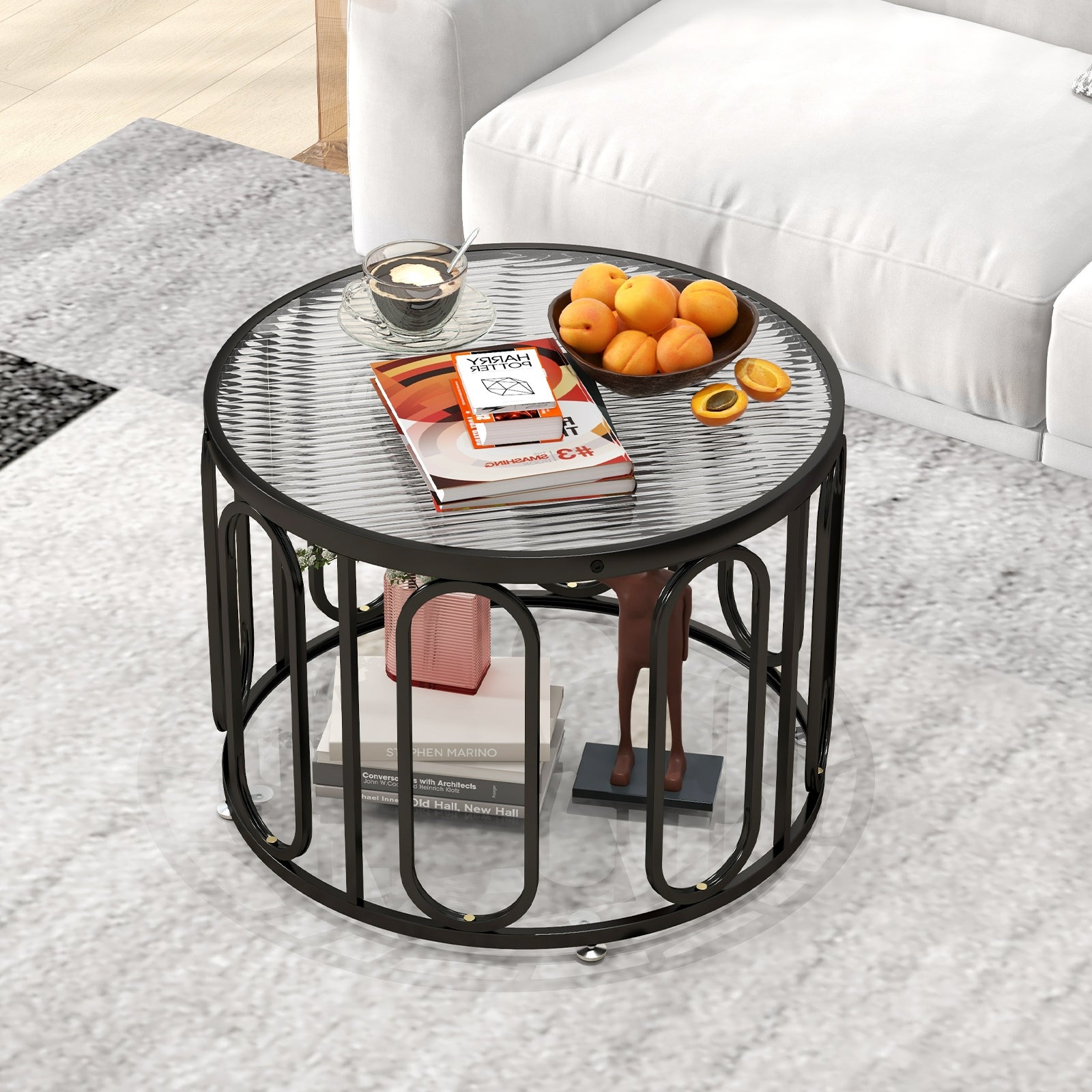 24 Inch Round Coffee Table with Reeded Tempered Glass Top and Oval Swivel Brackets, Black Coffee Tables at Gallery Canada