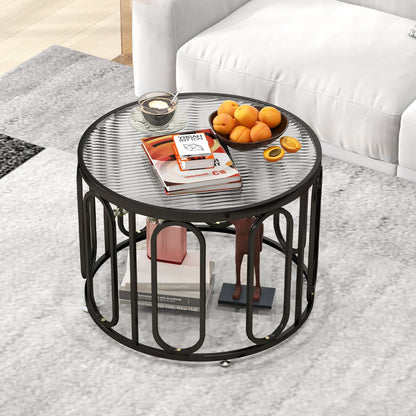 24 Inch Round Coffee Table with Reeded Tempered Glass Top and Oval Swivel Brackets, Black Coffee Tables at Gallery Canada