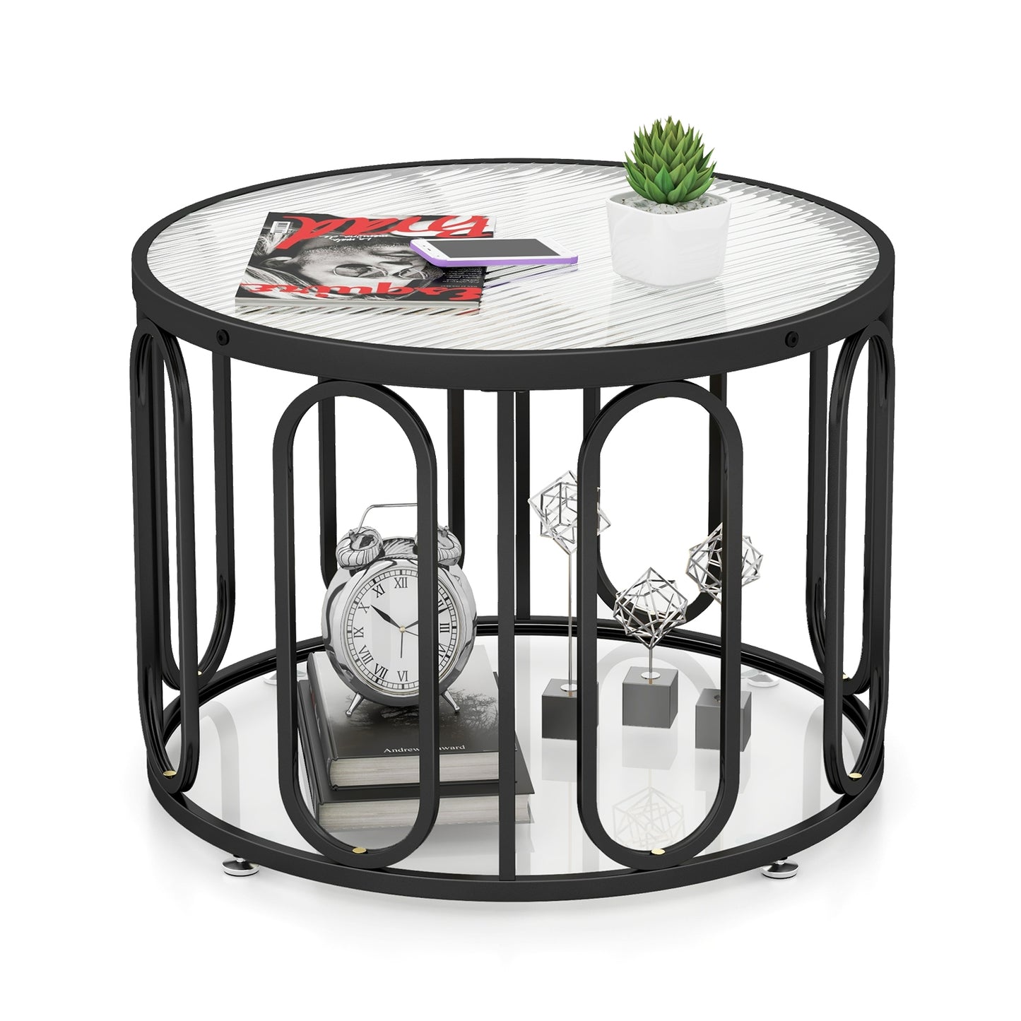 24 Inch Round Coffee Table with Reeded Tempered Glass Top and Oval Swivel Brackets, Black Coffee Tables at Gallery Canada