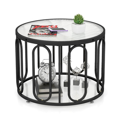 24 Inch Round Coffee Table with Reeded Tempered Glass Top and Oval Swivel Brackets, Black Coffee Tables at Gallery Canada