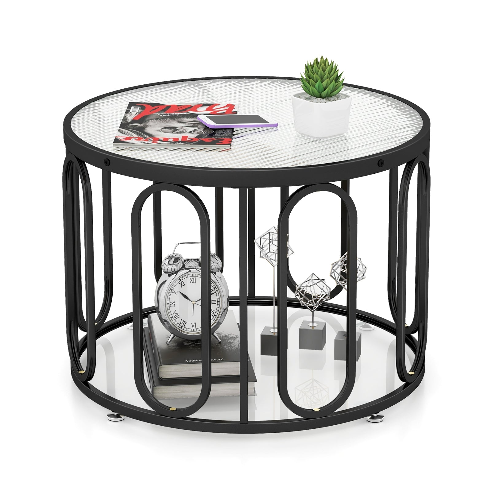 24 Inch Round Coffee Table, Reeded Tempered Glass Top, Oval Swivel Brackets, Black Coffee Tables Black at Gallery Canada