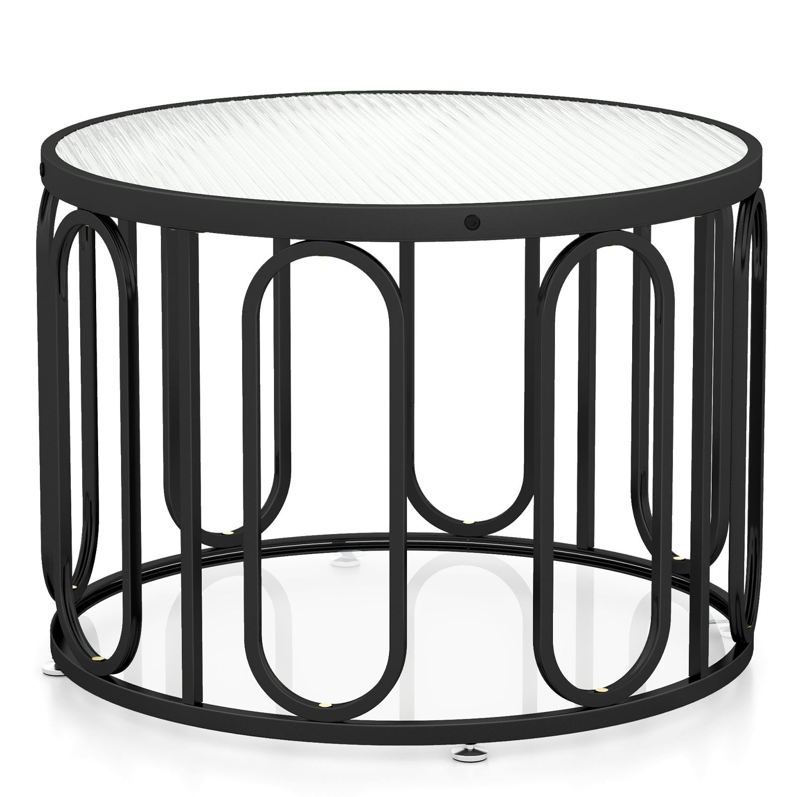 24 Inch Round Coffee Table with Reeded Tempered Glass Top and Oval Swivel Brackets, Black Coffee Tables at Gallery Canada