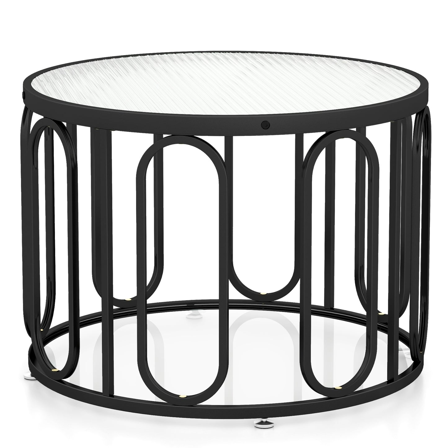 24 Inch Round Coffee Table with Reeded Tempered Glass Top and Oval Swivel Brackets, Black Coffee Tables at Gallery Canada