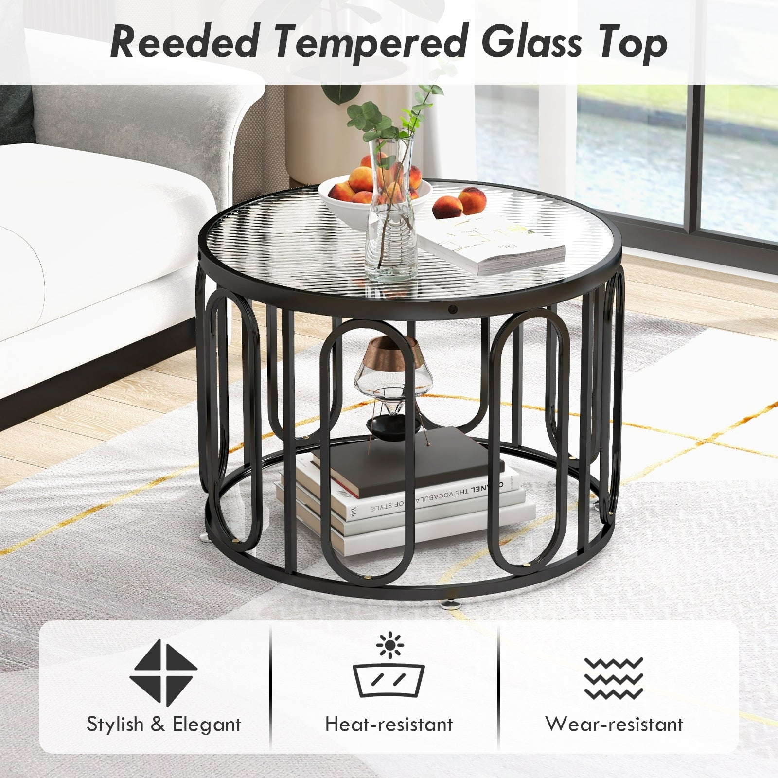 24 Inch Round Coffee Table with Reeded Tempered Glass Top and Oval Swivel Brackets, Black Coffee Tables at Gallery Canada