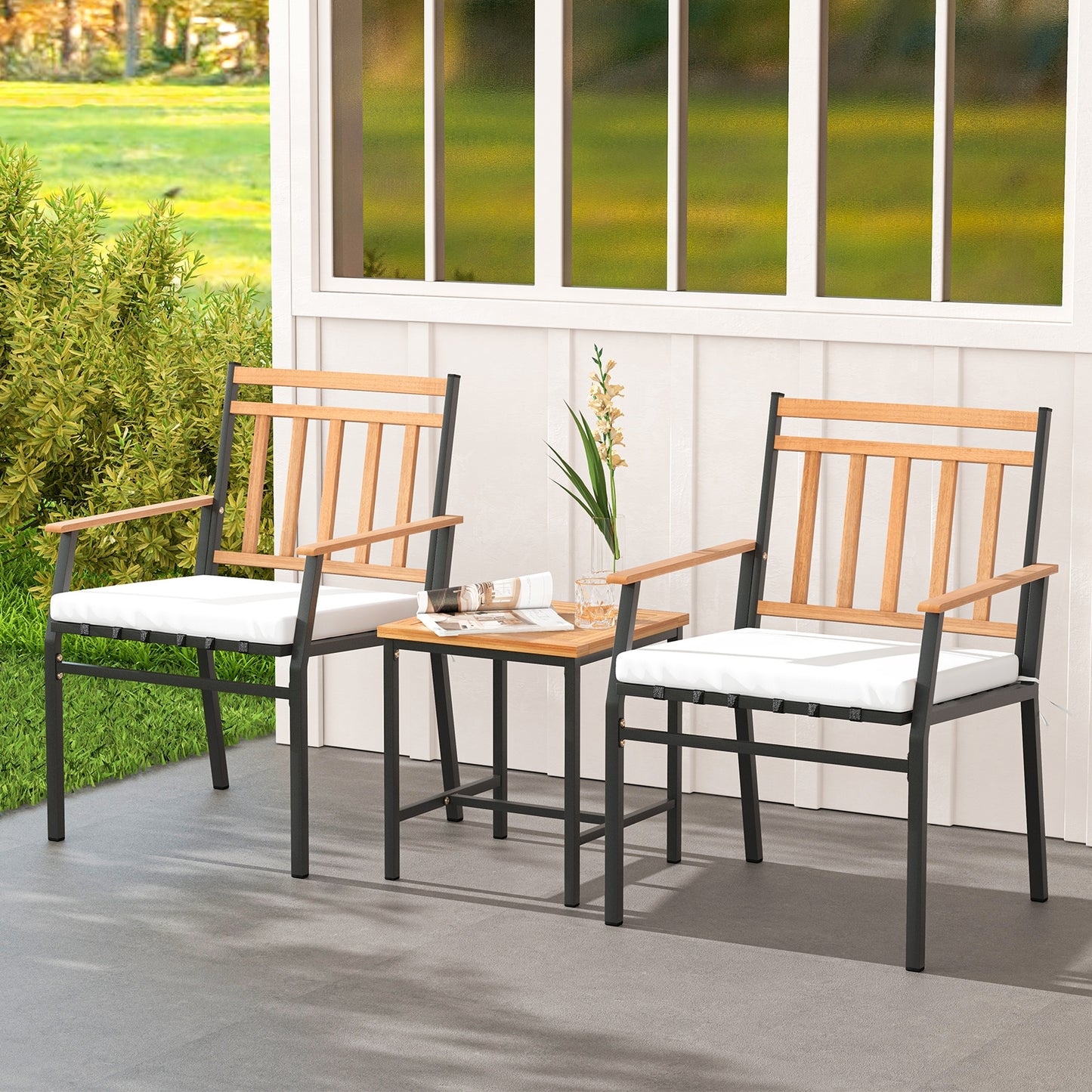3 Pieces Outdoor Furniture Set Acacia Wood Patio Conversation Set with Cushions, White Patio Conversation Sets at Gallery Canada