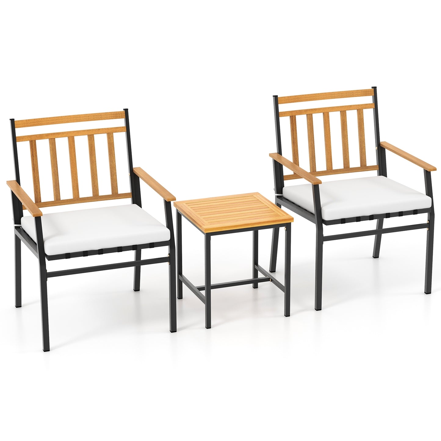 3 Pieces Outdoor Furniture Set Acacia Wood Patio Conversation Set with Cushions, White Patio Conversation Sets at Gallery Canada