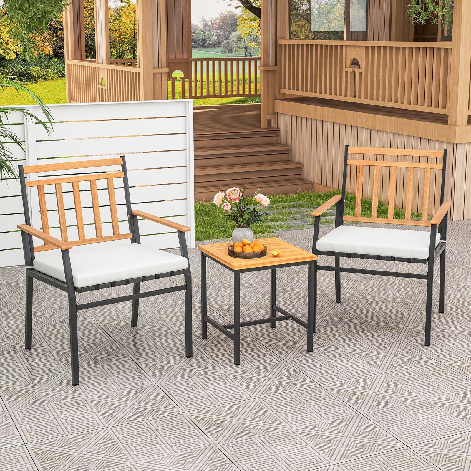 3 Pieces Outdoor Furniture Set Acacia Wood Patio Conversation Set with Cushions, White Patio Conversation Sets at Gallery Canada