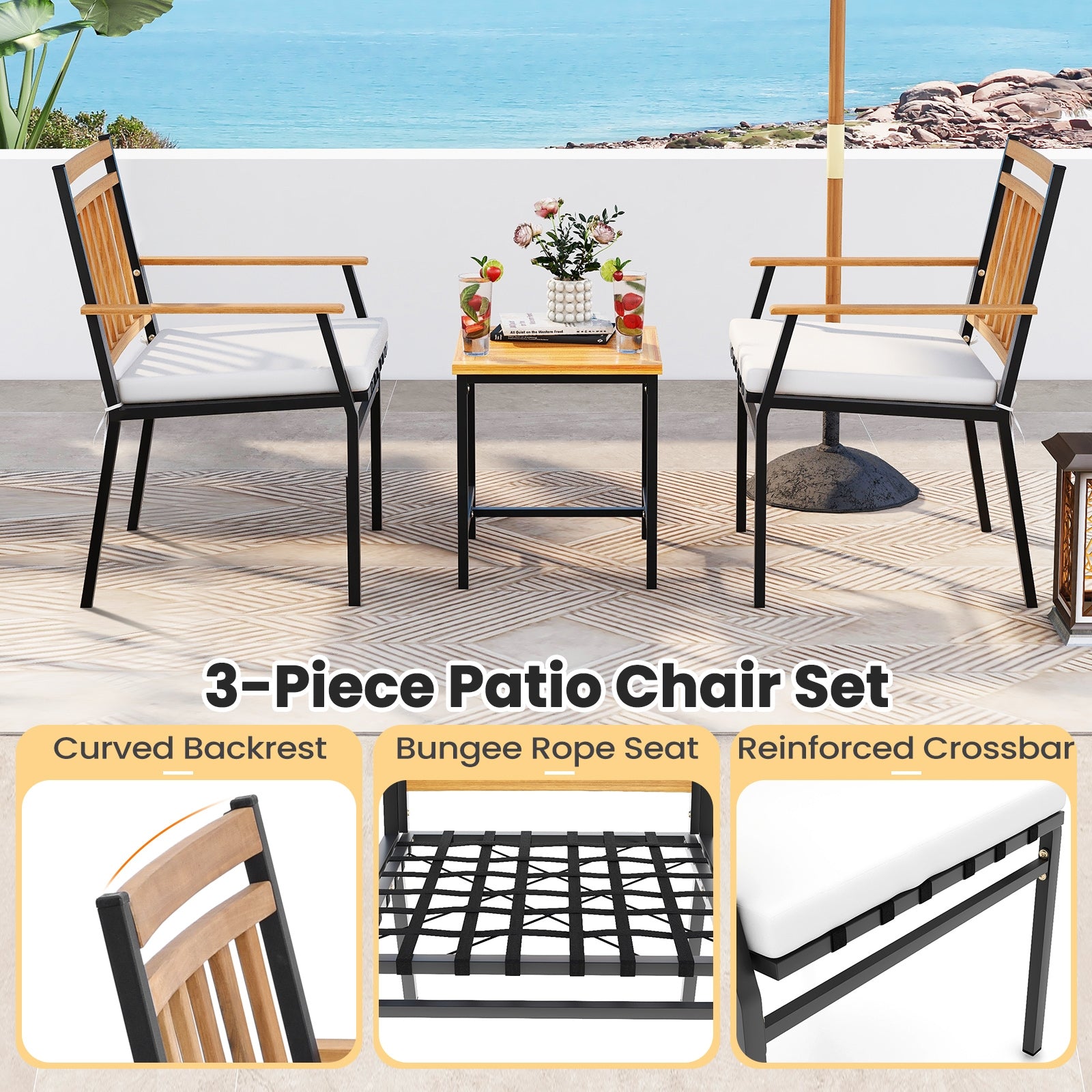 3 Pieces Outdoor Furniture Set Acacia Wood Patio Conversation Set with Cushions, White Patio Conversation Sets at Gallery Canada