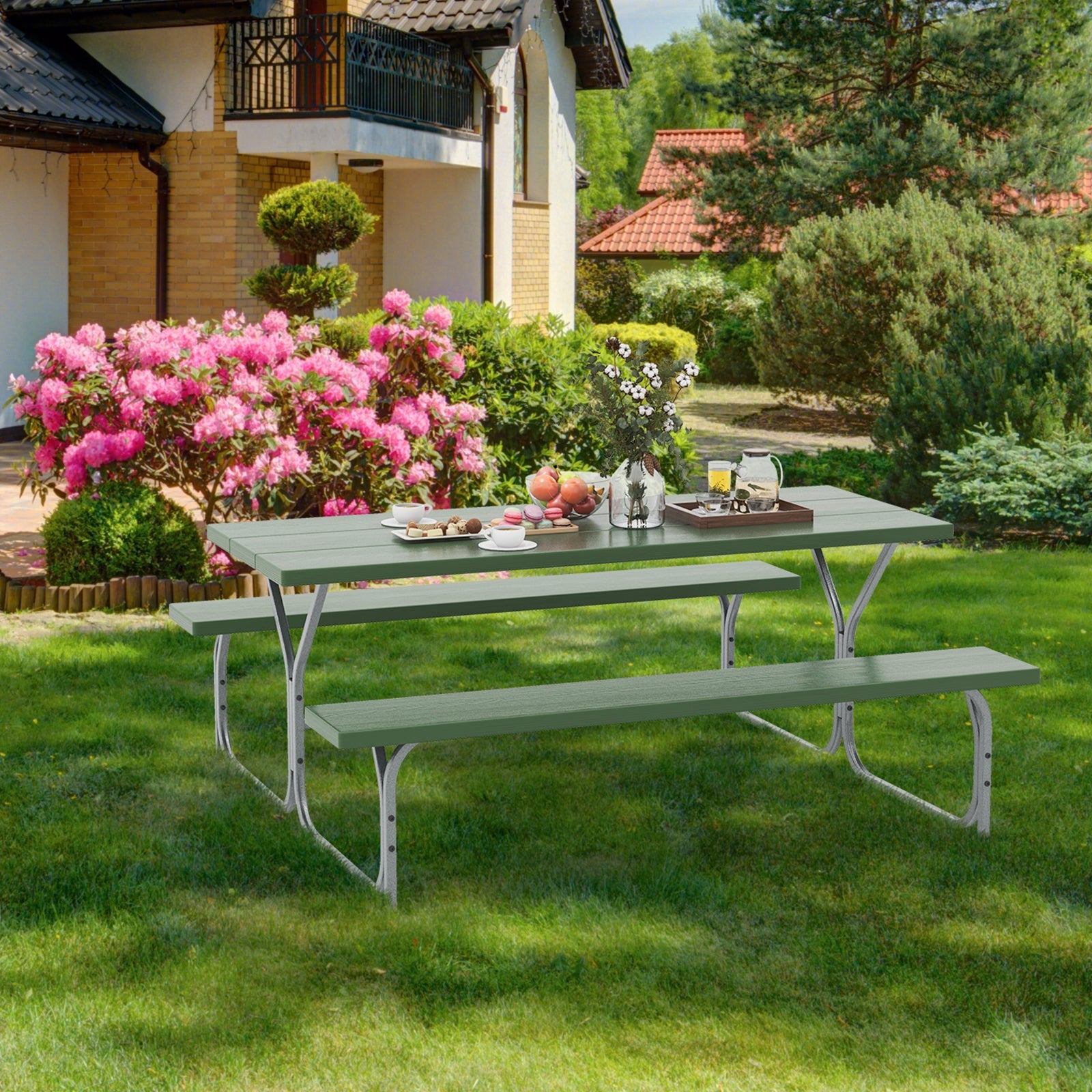 6 FT Picnic Table Bench Set, Metal Frame, HDPE Tabletop, Green Picnic Tables at Gallery Canada