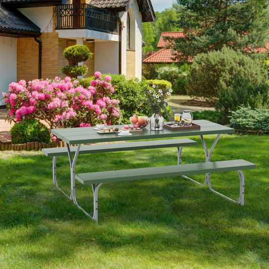 6 FT Picnic Table Bench Set Dining Table and 2 Benches with Metal Frame and HDPE Tabletop, Green - Gallery Canada
