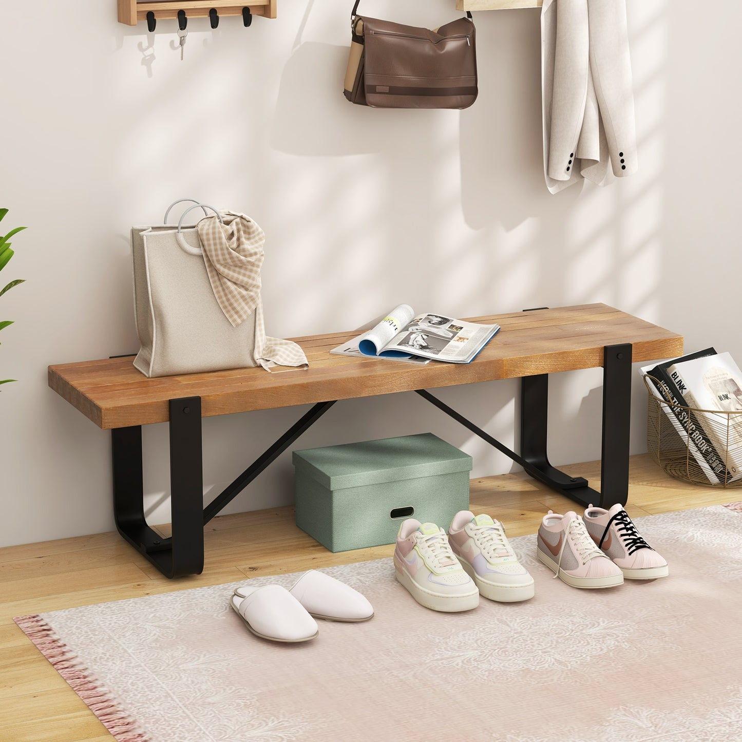 60 Inch Entryway Bench Rustic Farmhouse Wooden Shoe Rack with Metal Frame, Natural Shoe Racks & Storage Benches at Gallery Canada