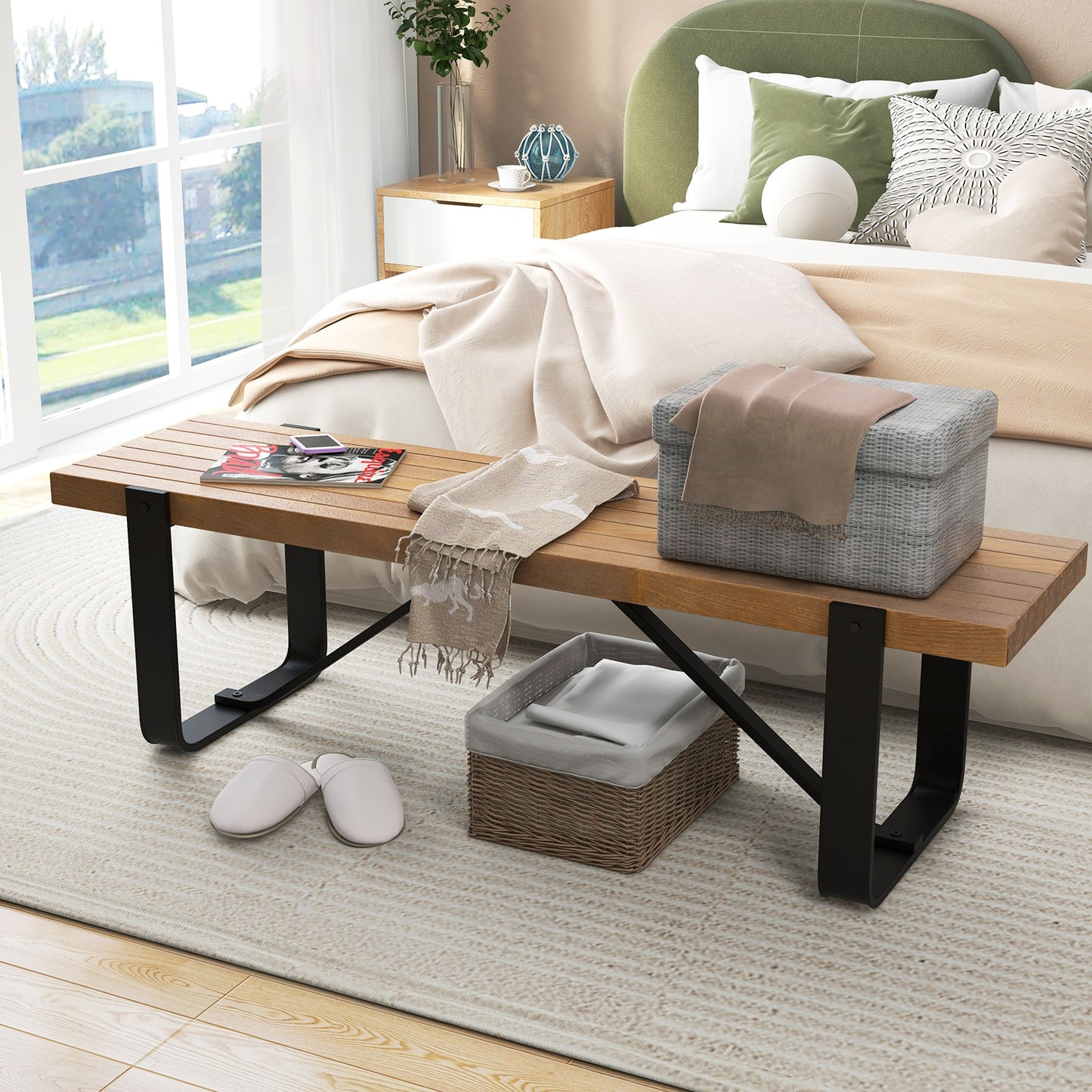 60 Inch Entryway Bench Rustic Farmhouse Wooden Shoe Rack with Metal Frame, Natural Shoe Racks & Storage Benches at Gallery Canada