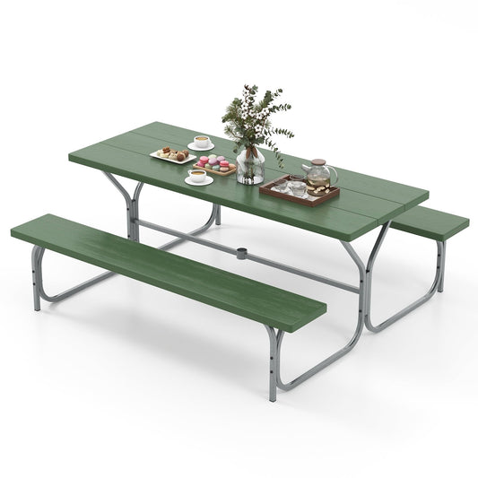 6 FT Picnic Table Bench Set Dining Table and 2 Benches with Metal Frame and HDPE Tabletop, Green - Gallery Canada