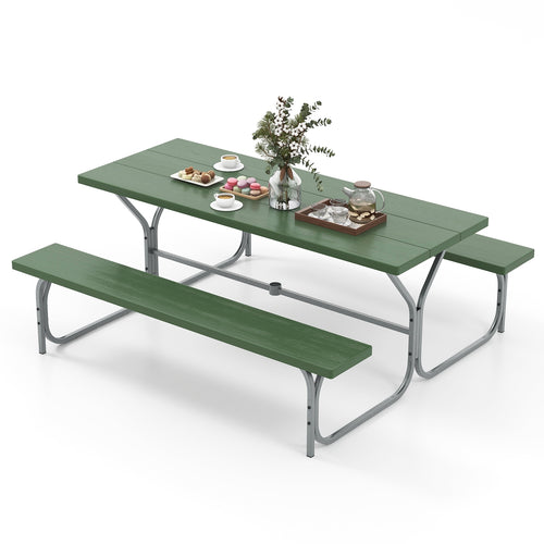 6 FT Picnic Table Bench Set, Metal Frame, HDPE Tabletop, Green