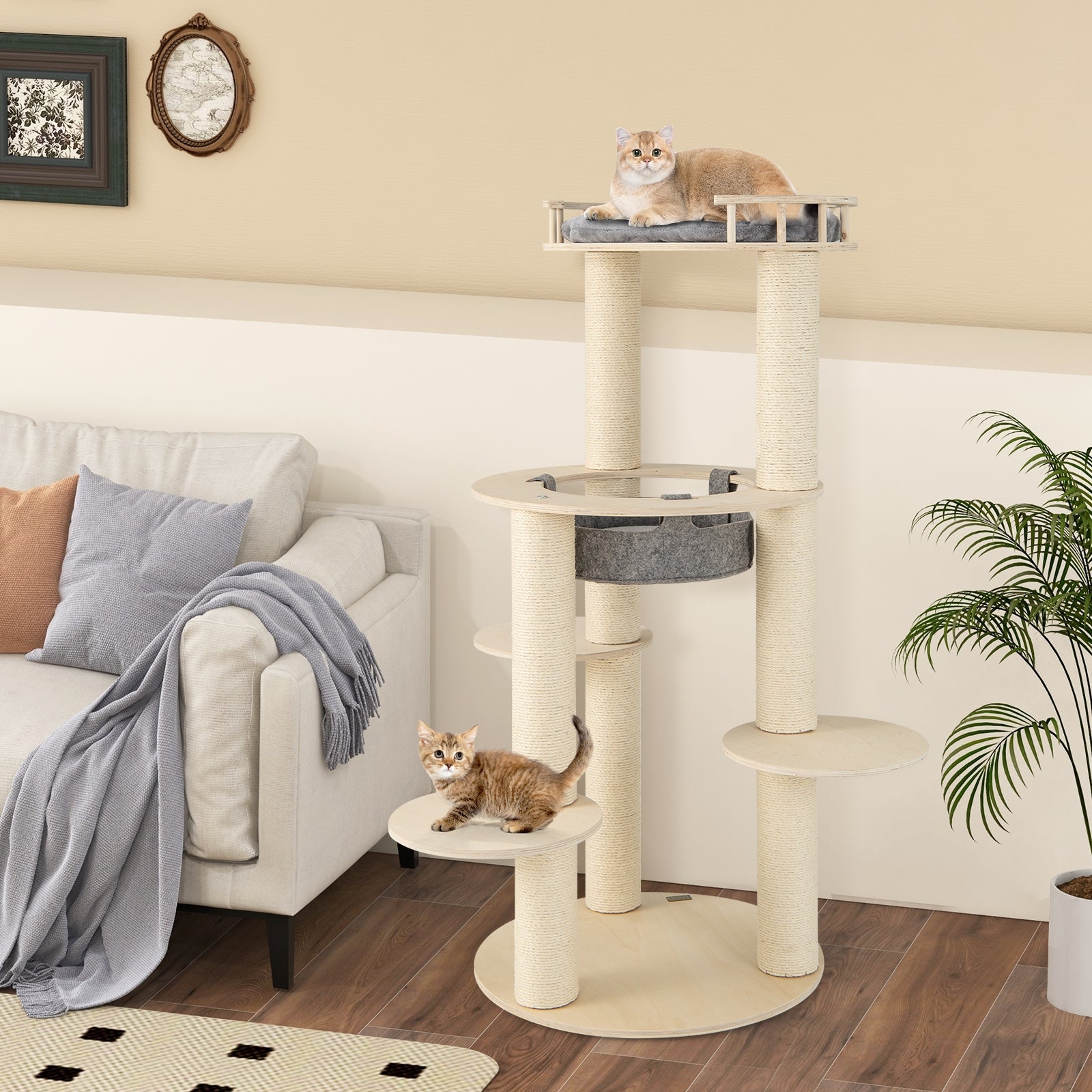 5-level Wooden Cat Tree with Padded Perch Non-woven Hammock, Gray Cat Trees Condos & Scratchers at Gallery Canada