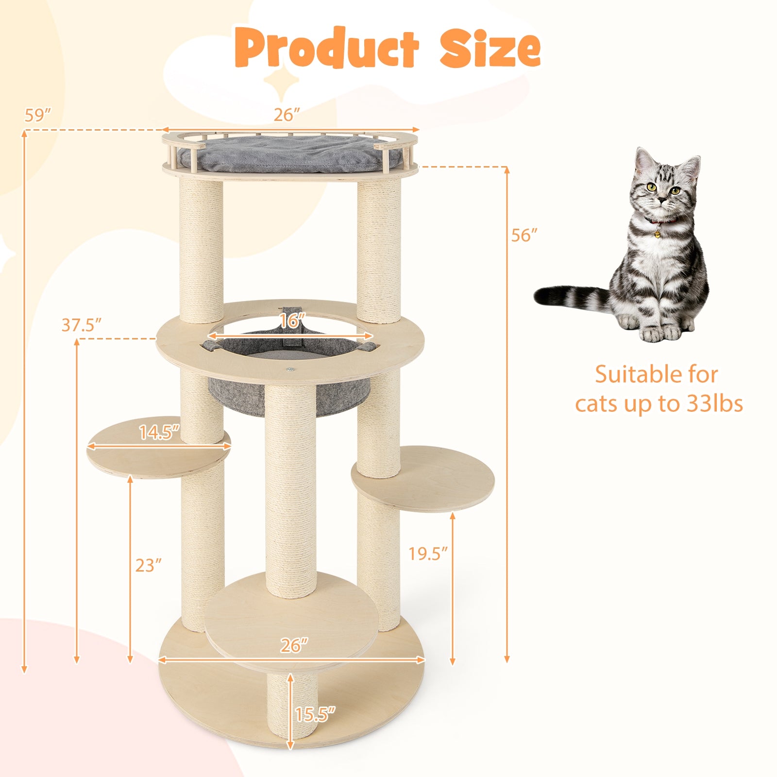 5-level Wooden Cat Tree with Padded Perch Non-woven Hammock, Gray Cat Trees Condos & Scratchers at Gallery Canada