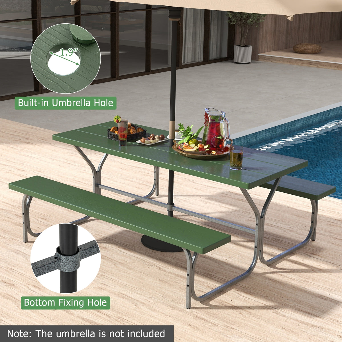 6 FT Picnic Table Bench Set, Metal Frame, HDPE Tabletop, Green Picnic Tables at Gallery Canada