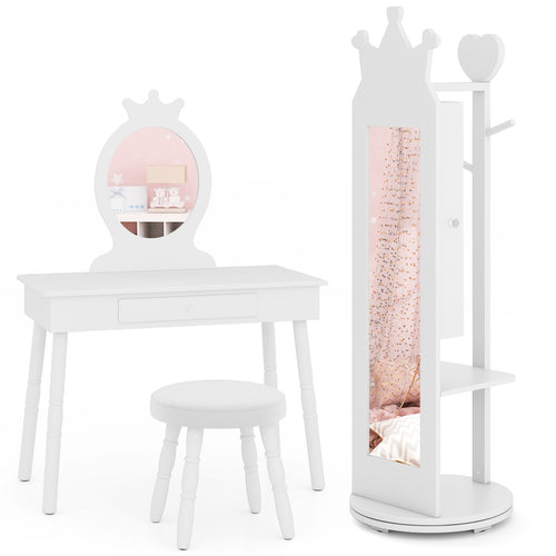 Kids Room Furniture Set Princess Vanity Table and Stool Set with Mirror and Drawer, White
