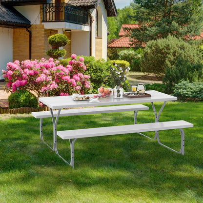 6 FT Picnic Table Bench Set Dining Table and 2 Benches with Metal Frame and HDPE Tabletop, White