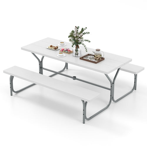 6 FT Picnic Table Bench Set Dining Table and 2 Benches with Metal Frame and HDPE Tabletop, White