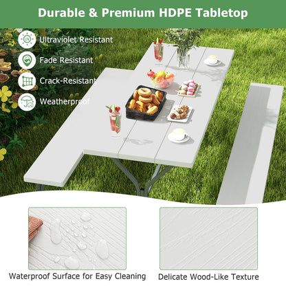 6 FT Picnic Table Bench Set Dining Table and 2 Benches with Metal Frame and HDPE Tabletop, White