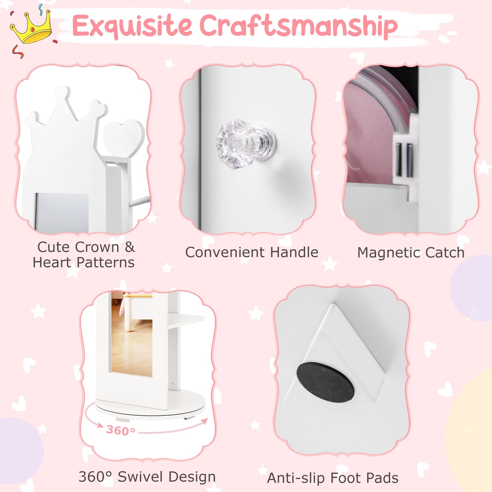 Kids Room Furniture Set Princess Vanity Table and Stool Set with Mirror and Drawer, White Kids Vanities at Gallery Canada