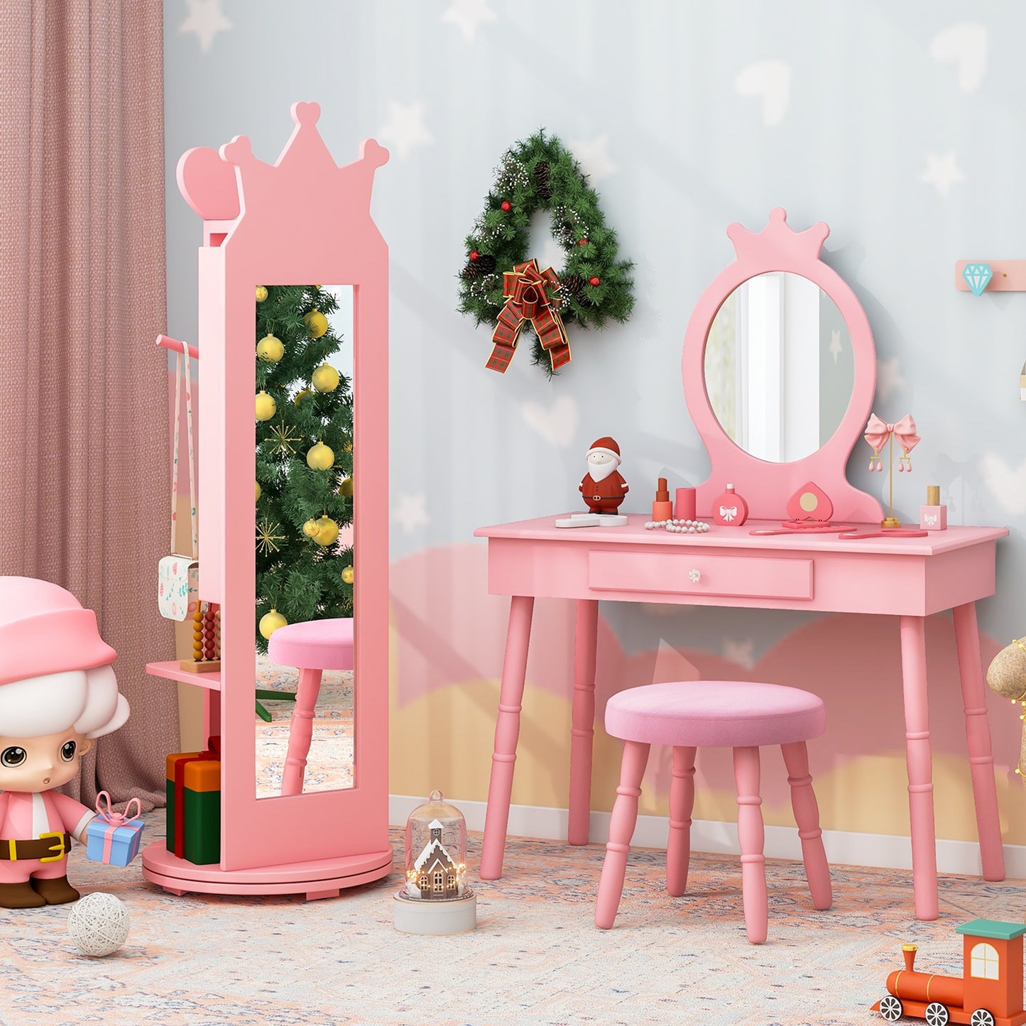 Kids Room Furniture Set Princess Vanity Table and Stool Set with Mirror and Drawer, Pink Kids Vanities at Gallery Canada