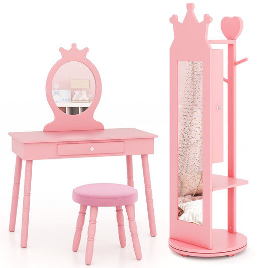 Kids Room Furniture Set Princess Vanity Table and Stool Set with Mirror and Drawer, Pink Kids Vanities Pink at Gallery Canada