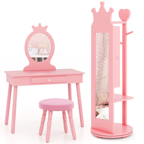 Kids Room Furniture Set Princess Vanity Table and Stool Set with Mirror and Drawer, Pink