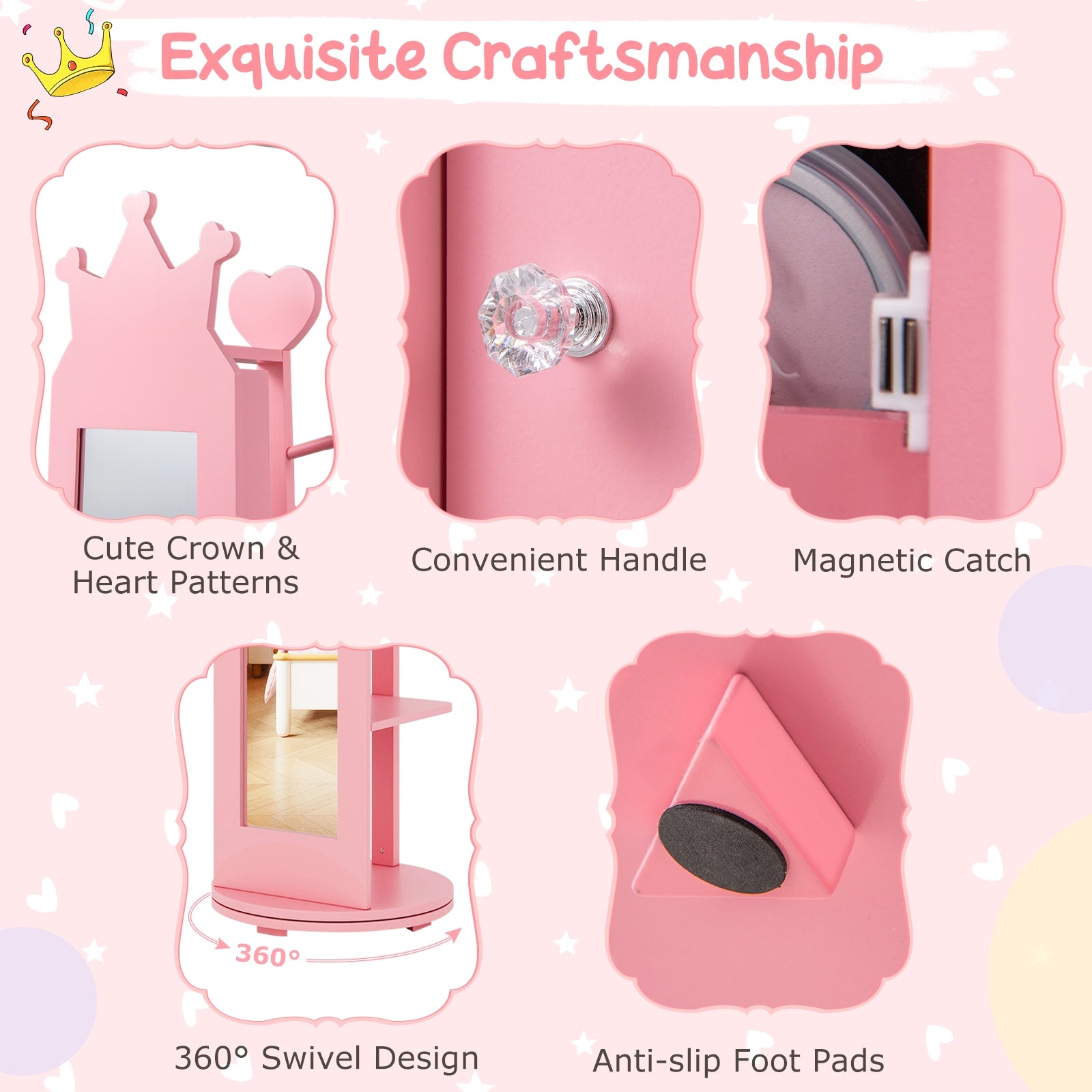 Kids Room Furniture Set Princess Vanity Table and Stool Set with Mirror and Drawer, Pink Kids Vanities at Gallery Canada