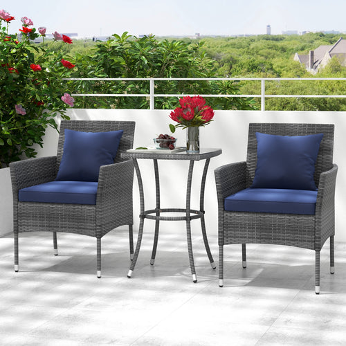 3 Piece Patio Furniture Set, Cushioned Chairs, Tempered Glass Table, Navy
