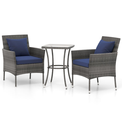 3 Piece Patio Furniture Set, Cushioned Chairs, Tempered Glass Table, Navy