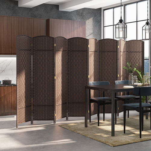 8-Panel Folding Room Divider, Hand-Woven Texture, Solid Wood Frame, Brown