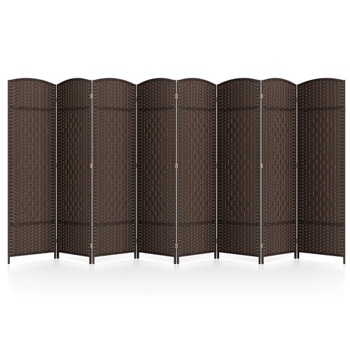 8-Panel Folding Room Divider, Hand-Woven Texture, Solid Wood Frame, Brown