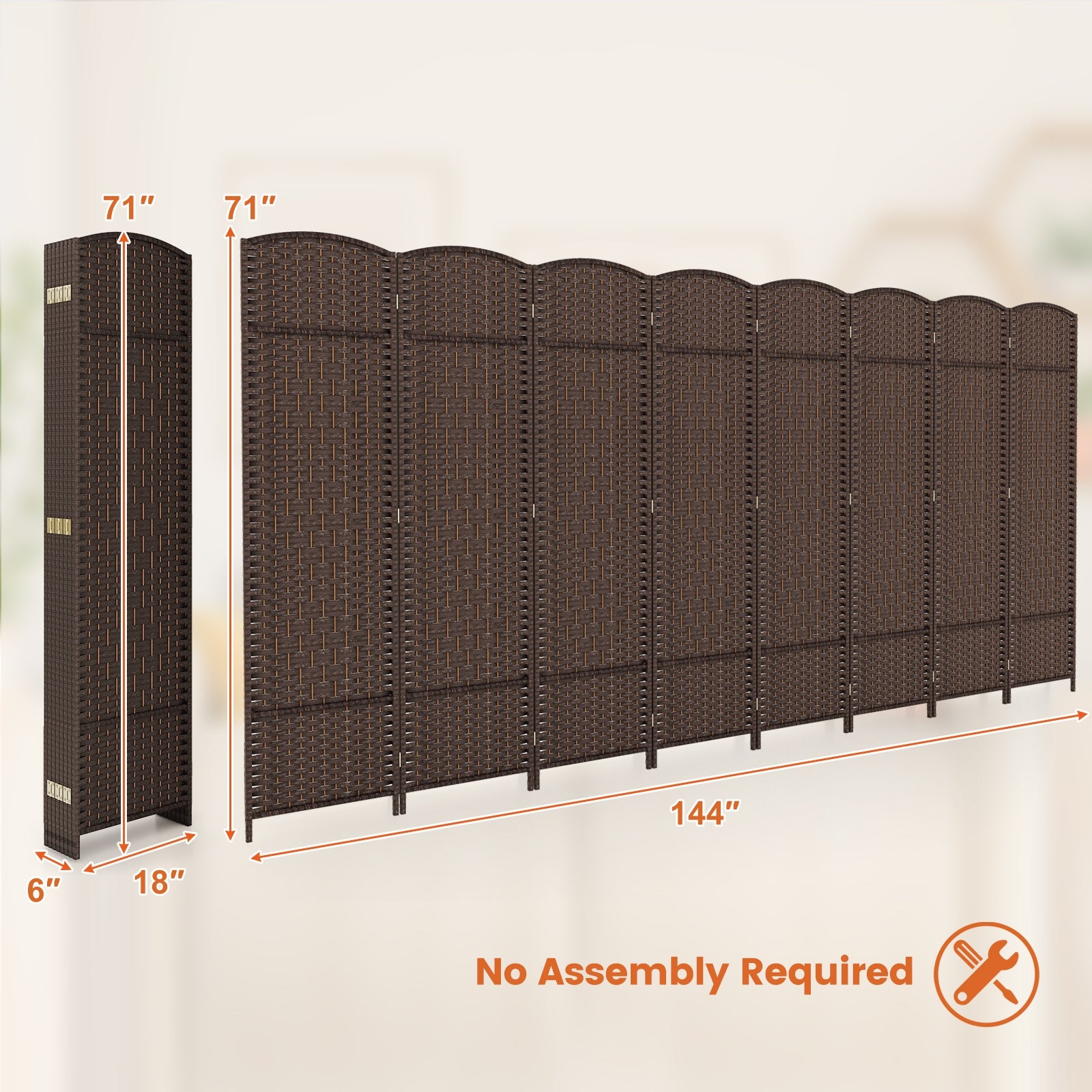 8-Panel Folding Room Divider, Hand-Woven Texture, Solid Wood Frame, Brown Room Dividers at Gallery Canada
