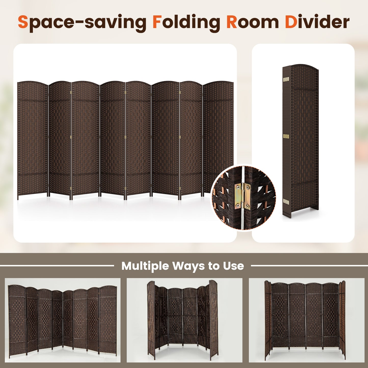 8-Panel Folding Room Divider, Hand-Woven Texture, Solid Wood Frame, Brown Room Dividers at Gallery Canada